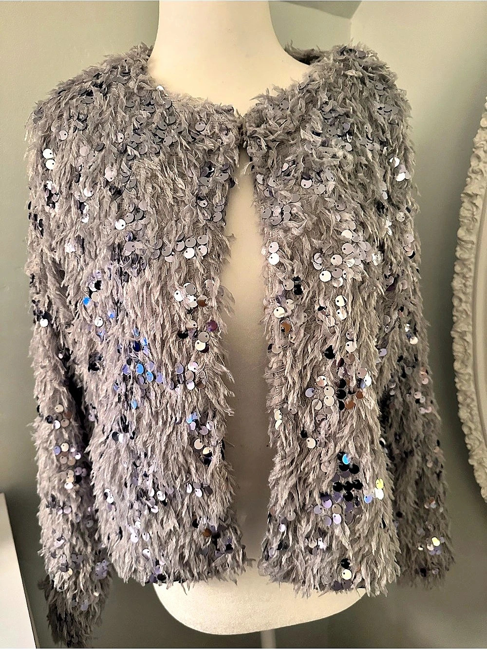 Skies Are Blue Sequin Shag Teddy Jacket in Gray Like New